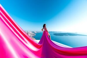 Flying Dress Photoshoot in Santorini by Flying Dress Photo © - The private fitting: when the dress arrives and gets adjusted