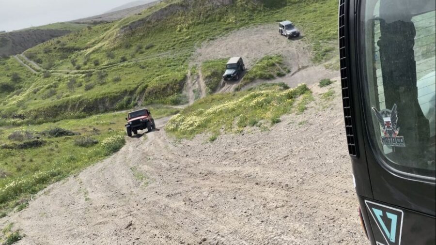 From Fira: Santorini Wrangler Jeep Convoy Tour & Villages - Pyrgos village viewpoints and the first dirt-road run toward Megalochori