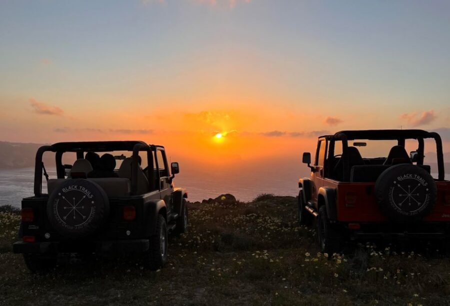 From Fira: Santorini Wrangler Jeep Convoy Tour & Villages - Open-top Wrangler details that affect comfort and photos
