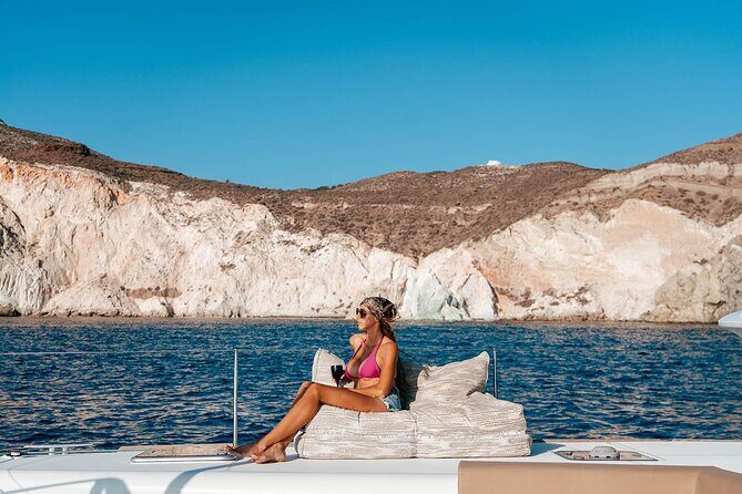 Luxury Santorini Catamaran Cruise: Lunch, BBQ, Drinks, Transfers - Volcano of Santorini hot springs: sulfur soak with a time limit