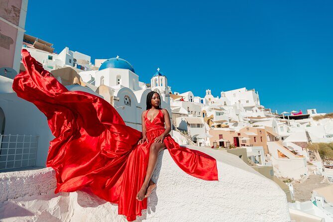 Photoshoot in Flying Dresses in Santorini - Stop 1: Oia—Where Wind and Angles Do Most of the Work