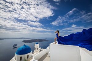 Private Express Flying Dress Photoshoot in Santorini – 30 Minutes - The photo route: Blue domes, Imerovigli viewpoints, Skaros Rock, and Oia