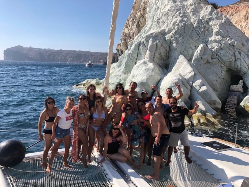 Santorini: Catamaran Cruise with Meal & Open Bar - Thirassia island: where the cruise turns into lunch, BBQ, and snorkel time