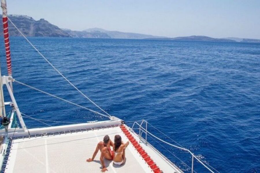 Santorini: Dream Catcher 5-hour Sailing Trip in the Caldera - Boat comfort, sails, and the music issue