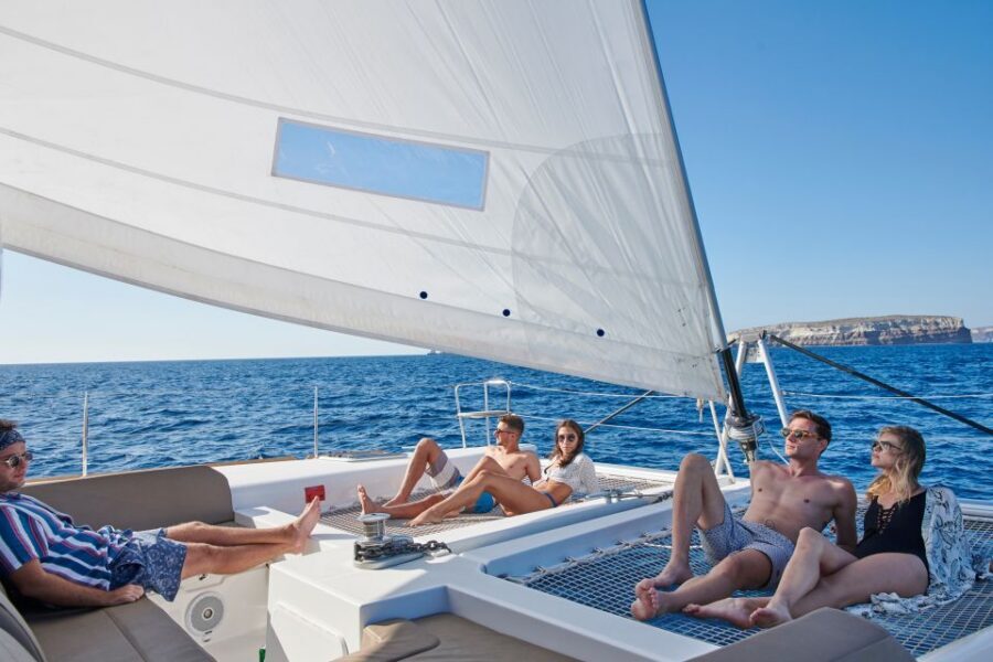Santorini Gold Catamaran Cruise with Snorkel, BBQ & Open Bar - Mesa Pigadia Beach + onboard BBQ lunch you’ll actually enjoy