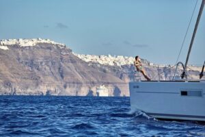 Santorini Luxury Sailing Catamaran Cruise with BBQ, Drinks and Transfer - White Beach swimming plus a real Greek BBQ lunch