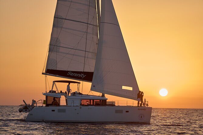 Santorini Oia: Private Sunset Catamaran Cruise with BBQ & Drinks - From Mesa Pigadia to White Beach: the sea does the color changes for you