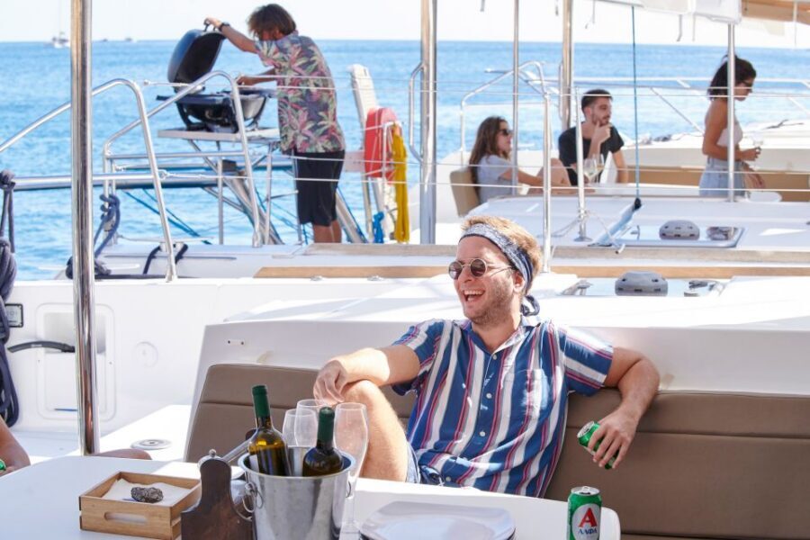 Santorini: Platinum Catamaran Cruise w/ BBQ Meal & Open Bar - Palea Kameni hot springs: therapeutic waters, but swim smart