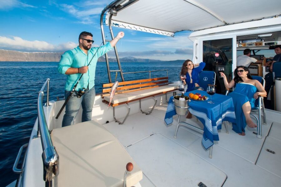Santorini Private Cruise boat fishing tour - BBQ, Snorkeling - BBQ, Greek salad, tzatziki, and meatballs from your catch