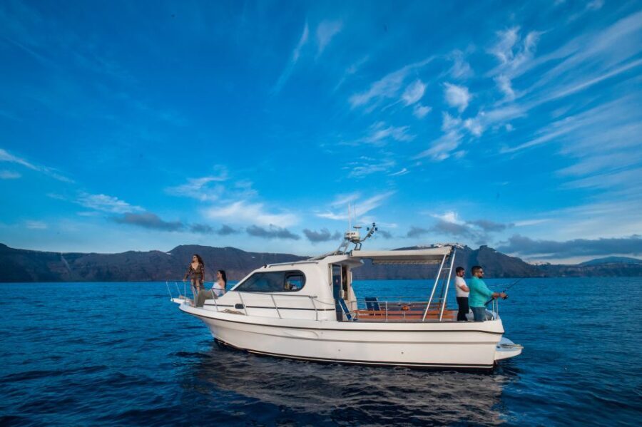 Santorini Private Cruise boat fishing tour - BBQ, Snorkeling - How the Oia sunset viewing works from the water
