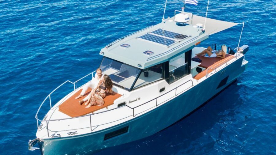 Santorini: Private Diamond 36 Motor Yacht Caldera Cruise - Thirassia: the calmer caldera side and the fishermen-island feeling